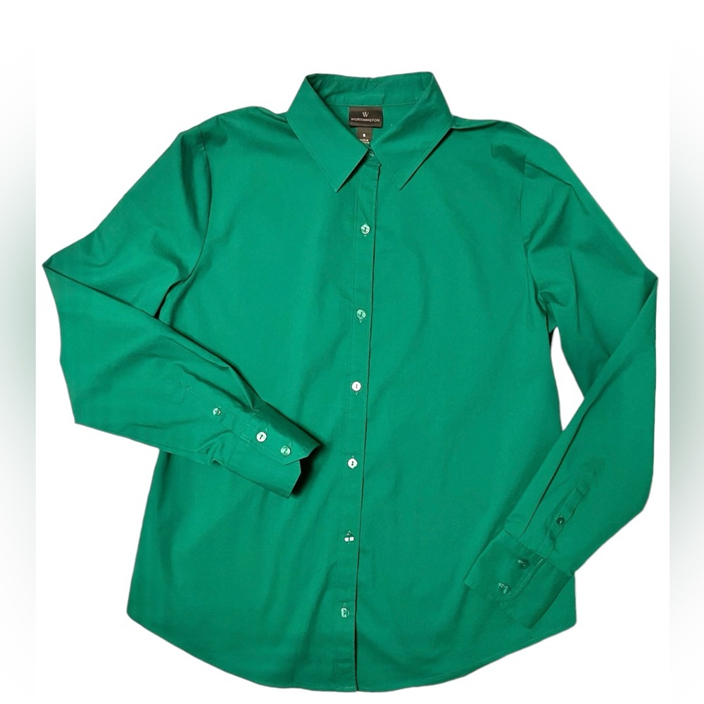 WORTHINGTON Women’s Emerald Green Long Sleeve Collared Tailored Shirt Size Small
